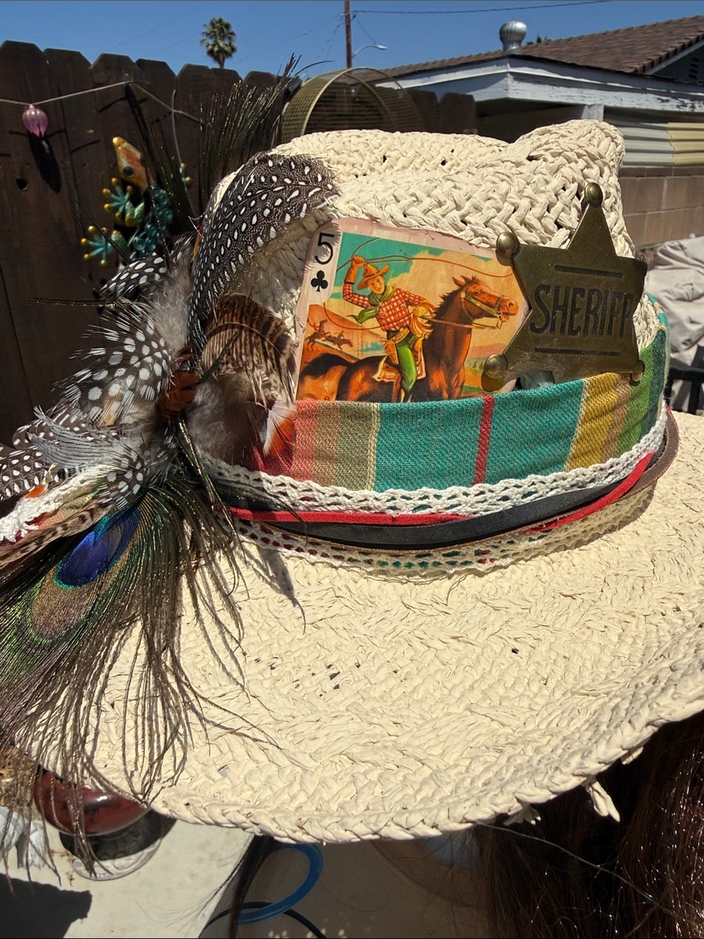 Custom straw cowboy hat w Peacock,feathers leather ,vintage cloth, card sheriff - Picture 4 of 17